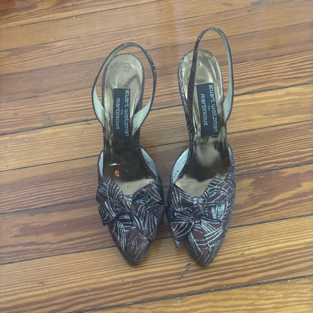 Stuart Weitzman Brown Metallic Slingback Pointed-Toe Heels with Knot Accent